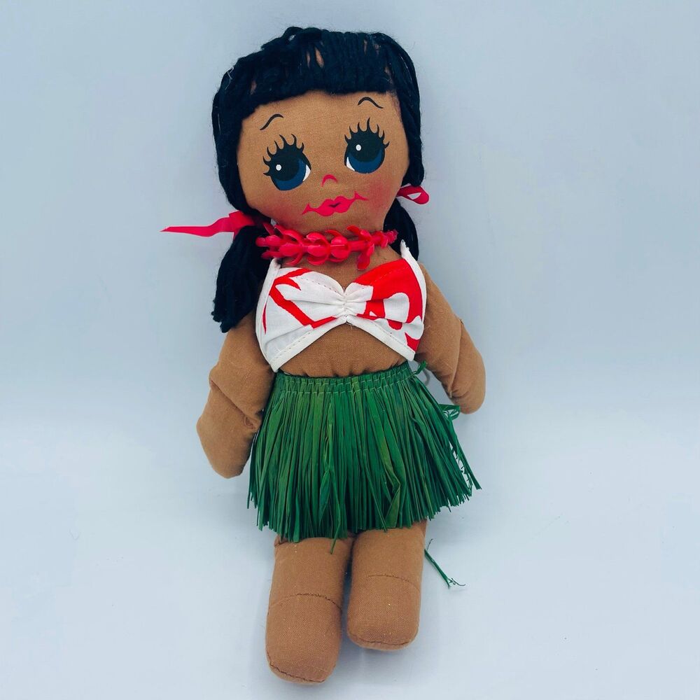 Vintage Hawaiian Hula Skirt Girl Plush Stuffed Doll 12" Aloha Souvenir